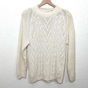 Vintage Cream White Chunky Cable Knit Oversized Crewneck Sweater Size M